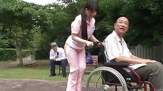 Bizarre Japanese half naked caregiver outdoors